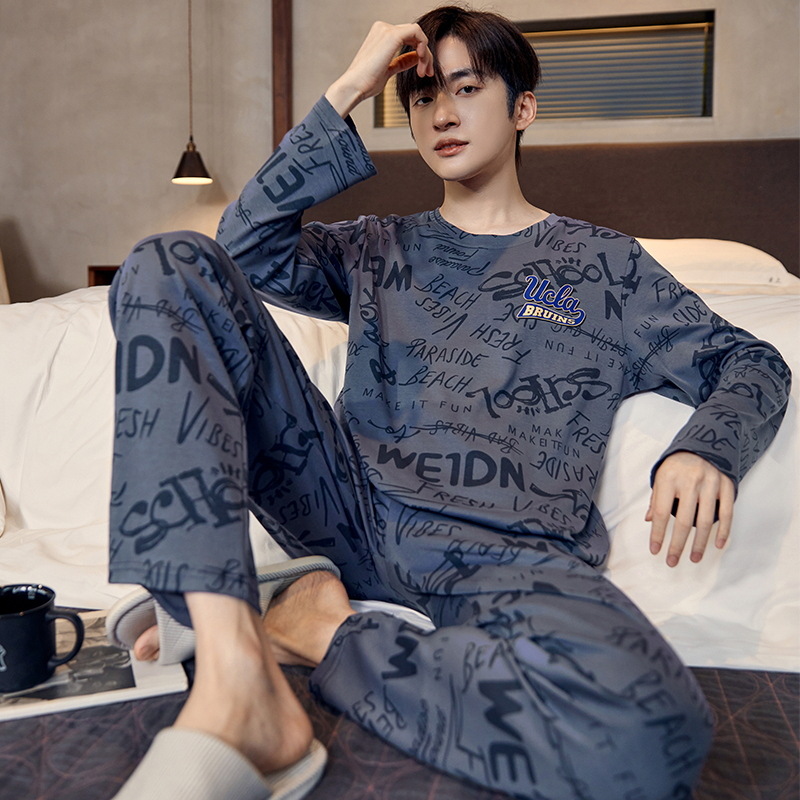 Pure cotton pajamas men's spring and autumn long-sleeved youth solid color casual plus size outerwear homewear dad suit