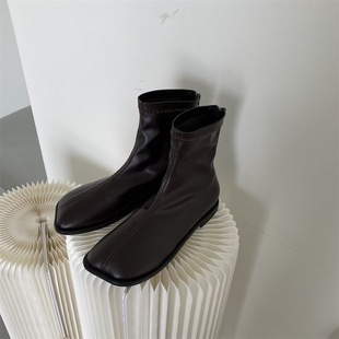 Short Boots Women's Autumn and Winter Single Boots 2024 New Square Toe Flat Boots Back Zipper Simple Soft Leather All-match and Naked Boots