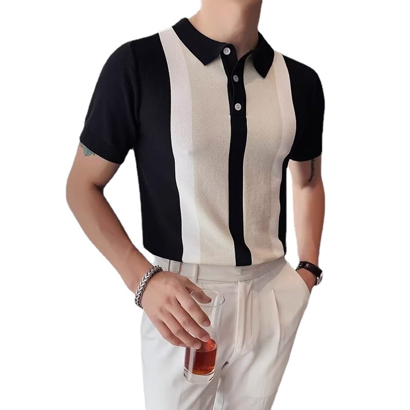 Summer striped short sleeve polo shirt men's Korean-style trendy casual half sleeve T-shirt Black