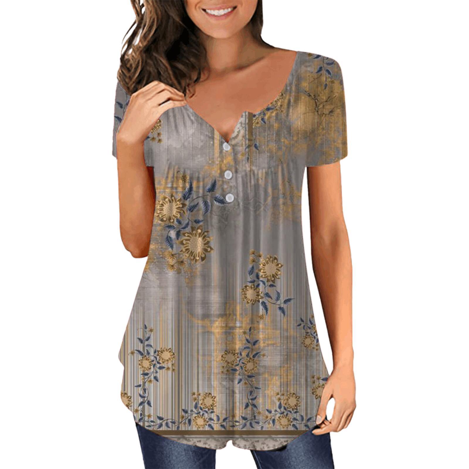 2023 Amazon Independent Station New Tunic Top Casual Shirt V-Neck Short Sleeve Button T-Shirt