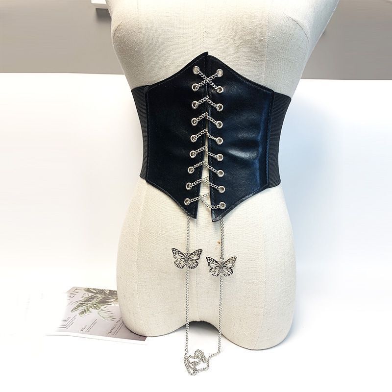 New Waist Women's Super Wide Court Style Waist Seal Tie Belt Bow Chain Embroidery Slimming Elastic Waist Seal Belt