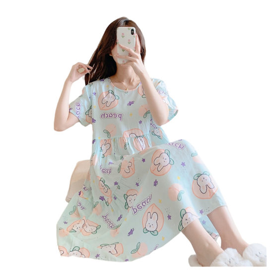 Cotton Silk Nightgown Women's Summer Plus Size Foreign Trade Printed Pajamas Thin High-end Loose Cotton Outer Wearing Skirt