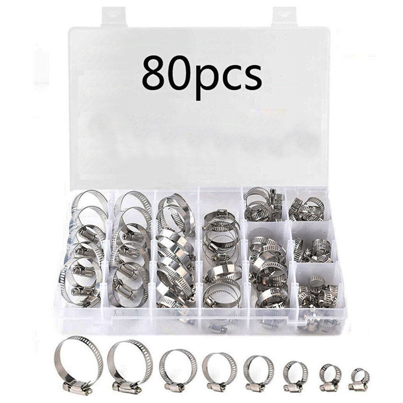 Cross-border 80/81PCs boxed stainless steel clamp throat pipe clamp pipe joint single-ear American pipe clamp set