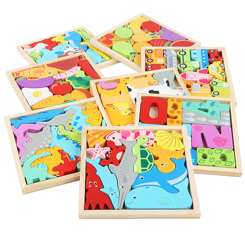 Cartoon children's creative wooden three-dimensional puzzle Tetris animal hand-held puzzle building blocks Transportation