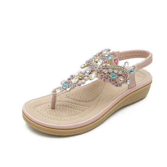 2023 Summer new bohemian sandal fashion rhinestone flat sandals women's Amazon foreign trade cross-border
