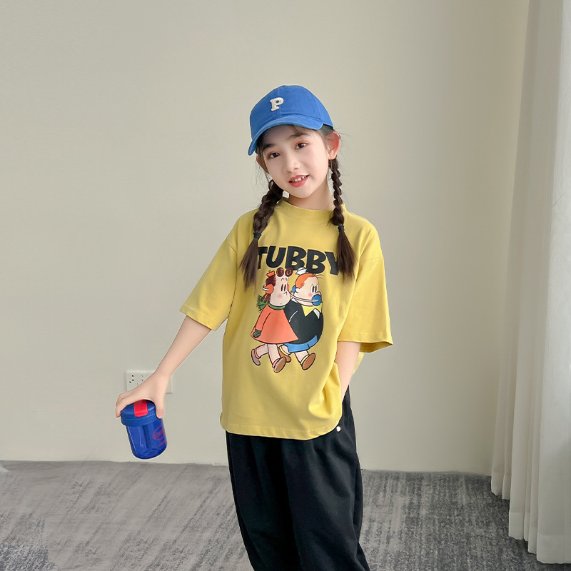 女童短袖純棉洋氣兒童t恤女童夏季寬鬆前後印花半袖上衣童裝潮