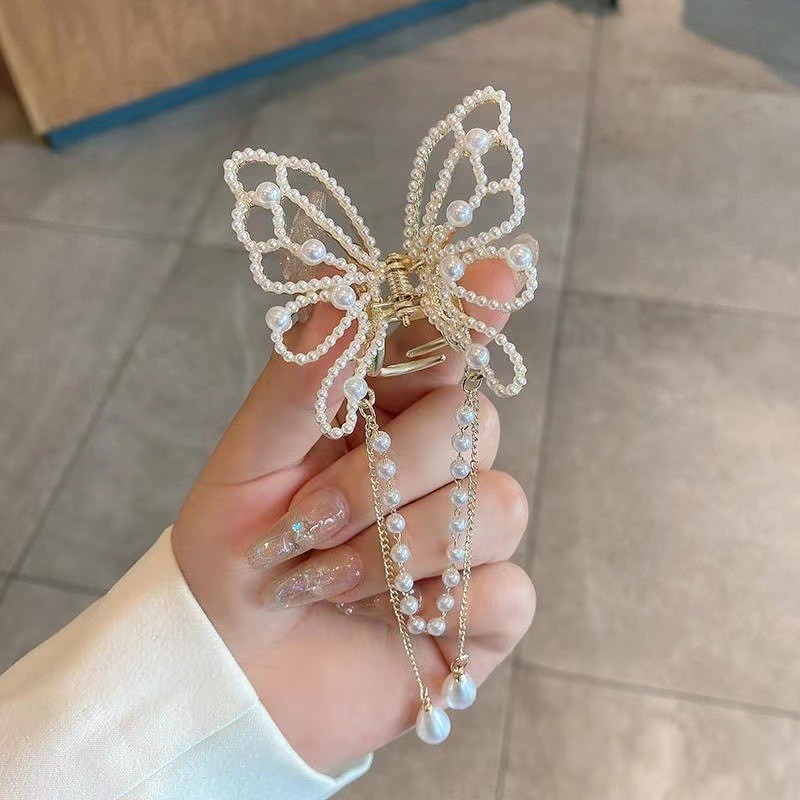 Metal butterfly hairpin women's high-grade temperament half-tie hair tassel pendant hair accessories 2023 new back head clip_voghion.com