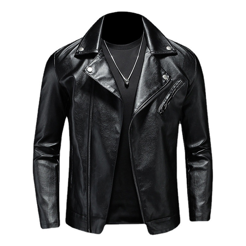 Leather Men's Fashionable Korean Style Handsome Imitation Jacket Vertical Collar Slant Zipper Slim-fit Riding Clothes Motorcycle Jacket Spring and Autumn
