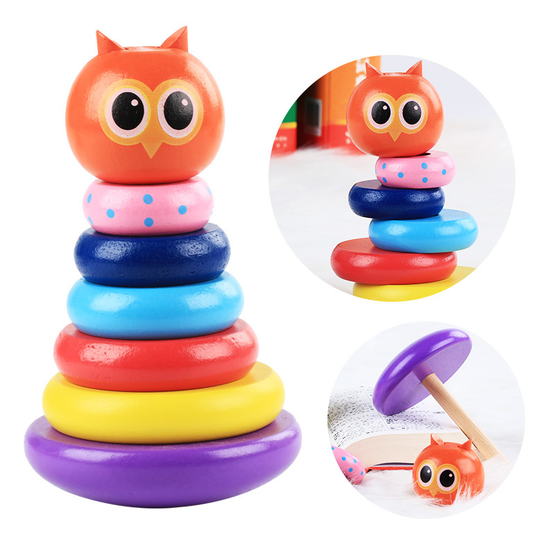 Wooden children's stacked puzzle toys wooden seven-color set tower rainbow tower building blocks stall selling wholesale