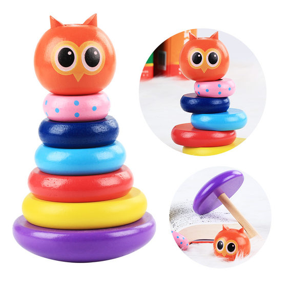 Wooden children's stacked puzzle toys wooden seven-color set tower rainbow tower building blocks stall selling wholesale
