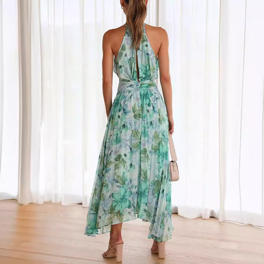 Cross-border Independent Station Amazon 2023 Summer Women's Hanging Neck Sleeveless V-Neck Printed Large Swing Dress