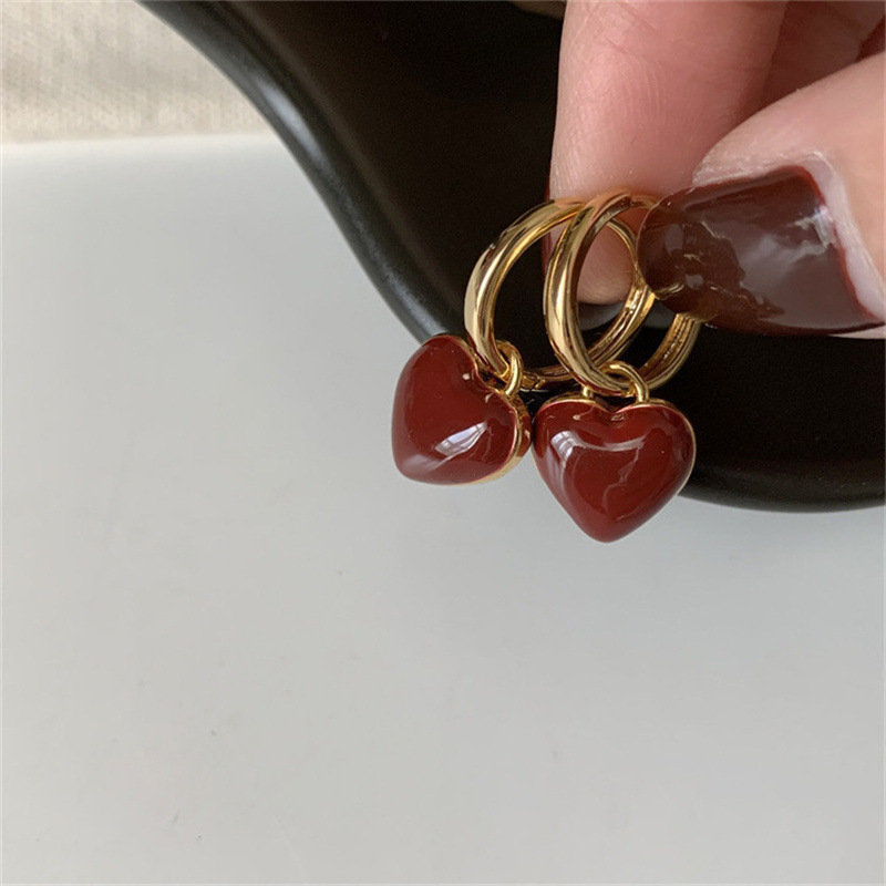 時尚港風一款兩戴幾何耳扣優雅清新滴釉酒紅色愛心方塊百搭耳飾