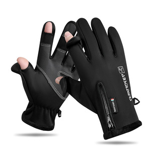 Cross-border autumn and winter gloves flip leak two finger touch screen zipper fishing cycling outdoor sports fleece-lined cold-proof warm