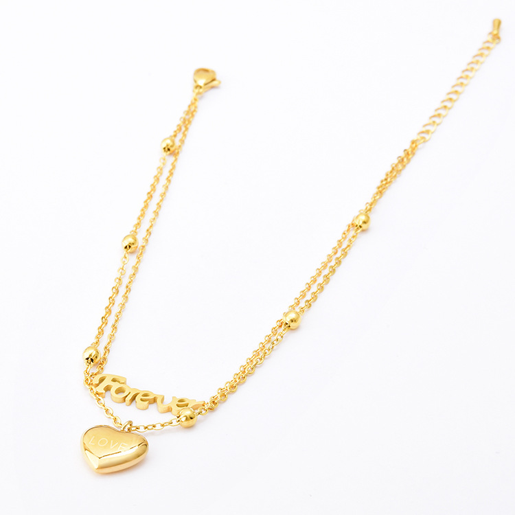 Women's Korean-style elegant double-layer letter anklet heart-shaped pendant beach anklet with water and color retention titanium steel gold anklet