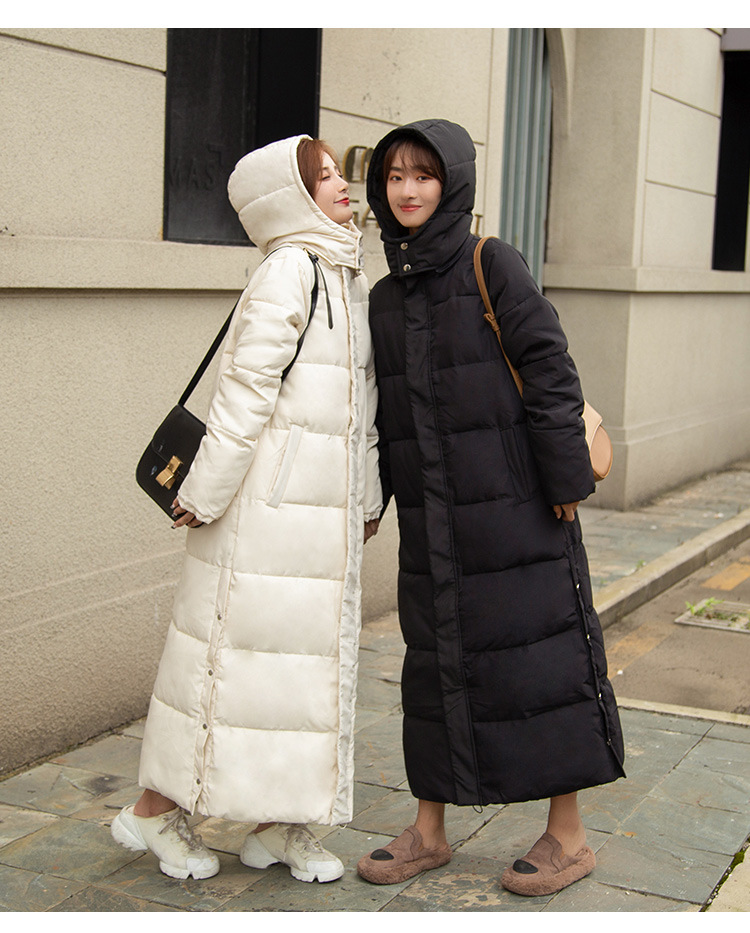 Long over-the-knee hooded Warm jacket jacket women's winter coat thickened warm over-the-knee solid color casual slim-fit cotton-padded jacket fashion_voghion.com