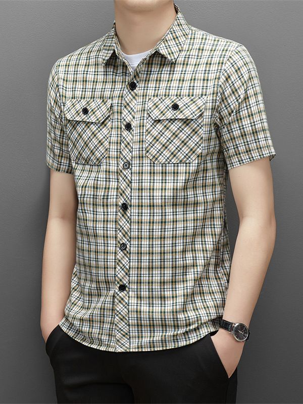 Casual Plaid Shirt Short-sleeved Men's Shirt Loose High-end Sense Men's Fashionable High-end Casual Shirt Pocket Men's Summer