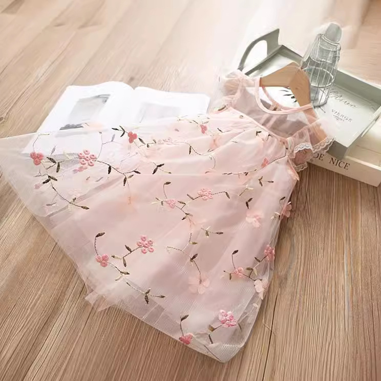 Summer 2024 Children's Three-Dimensional Flower Mesh Dress Korean Style Girl's Baby Vest A- line Princess Dress