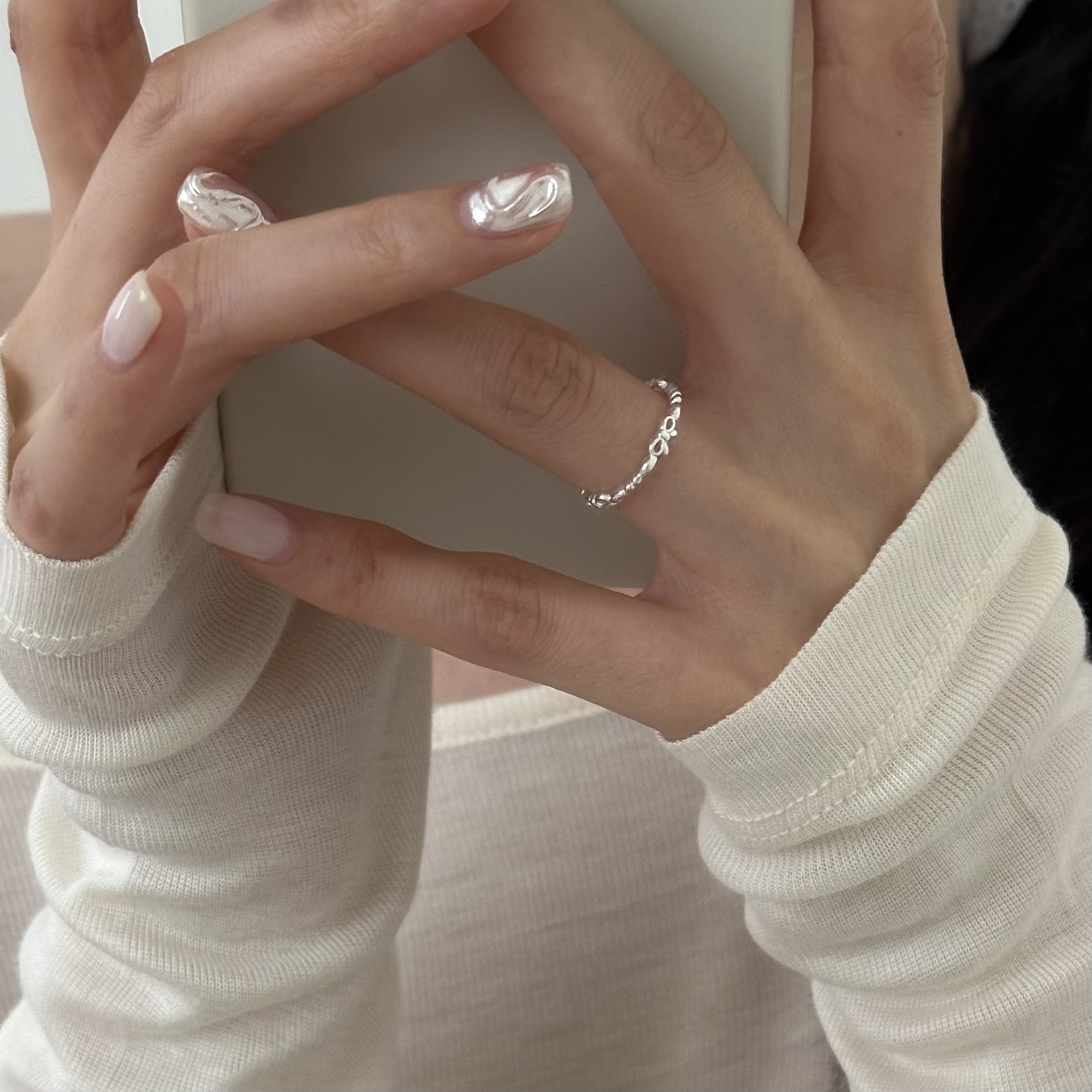 Sterling Sëlwer Schleifenring Damen Einfache Séiss Léif Dame Elegant Klengen Distinguéierten Oppene Ring 0020_voghion.com