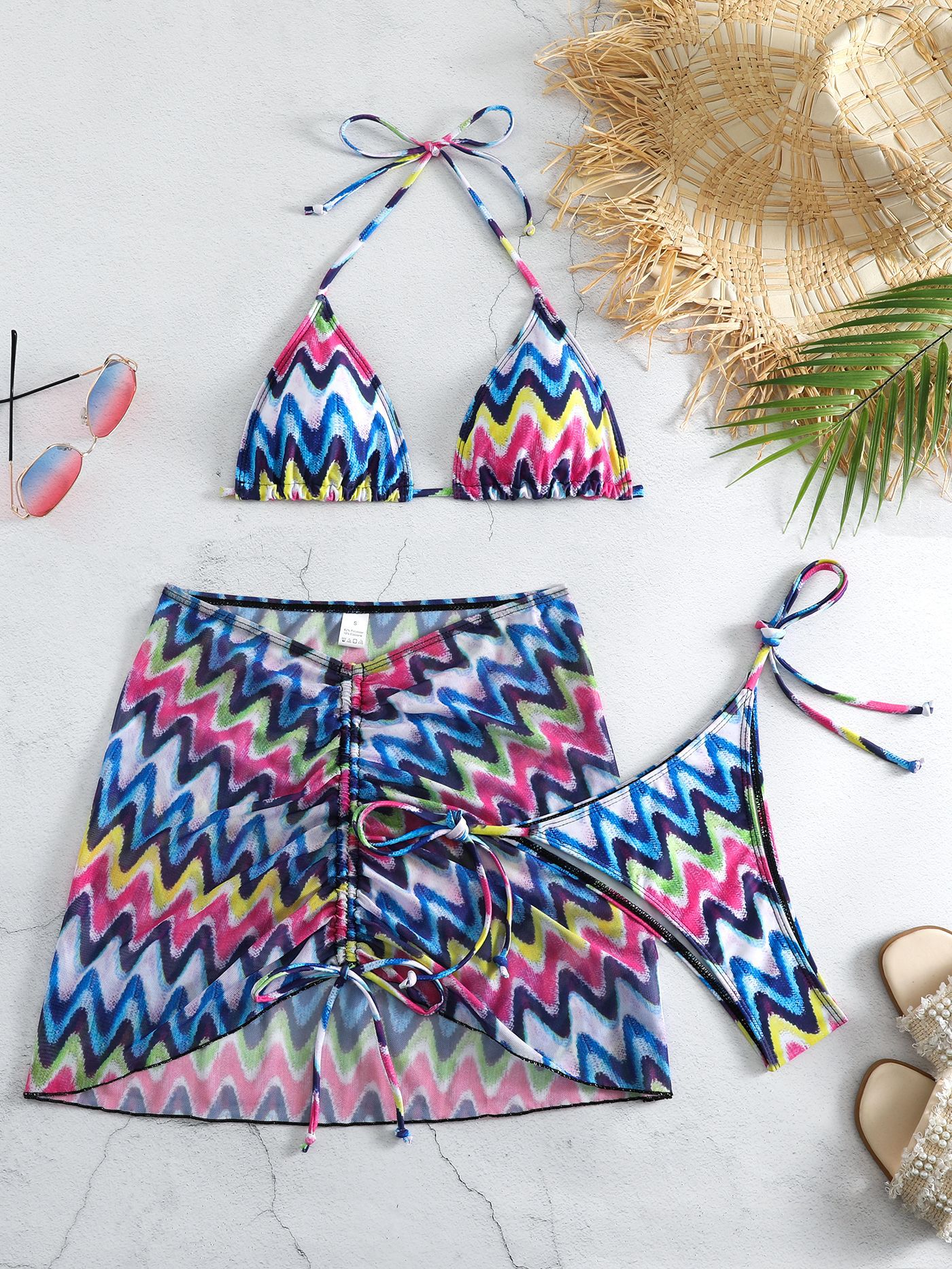 2022 new foreign trade fluid pattern three-piece bikini swimsuit bikini