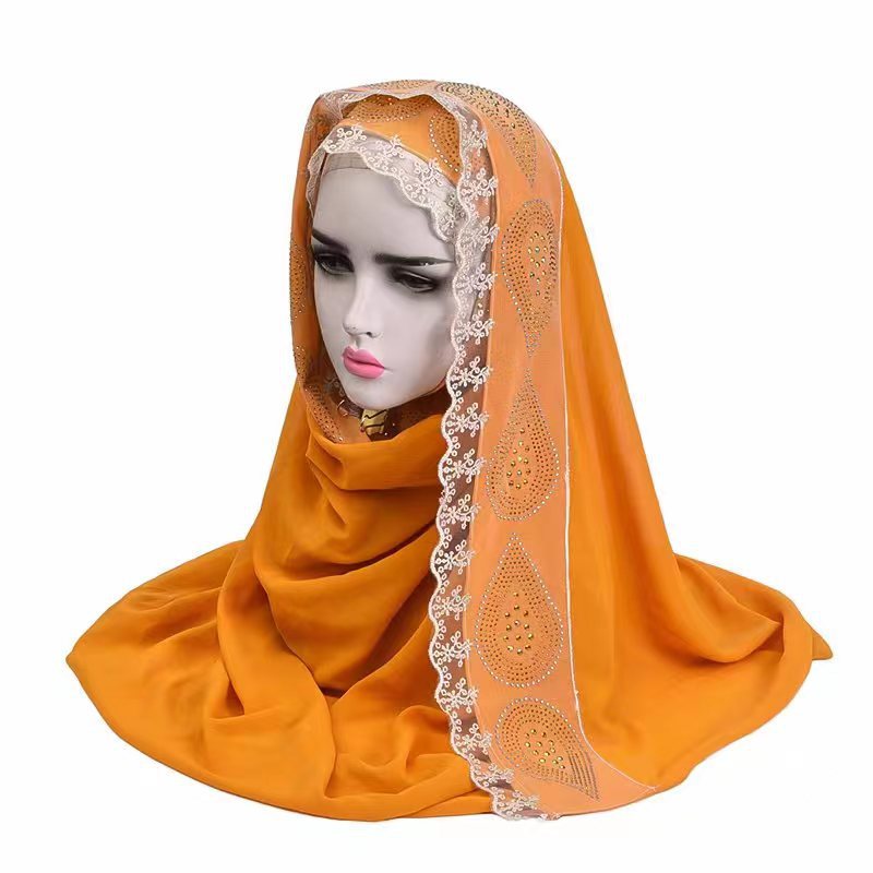 Cross-border Middle East Arab New Headscarf Pearl Chiffon Stitching Lace Boutique Scarf Love Drops Rhinestone