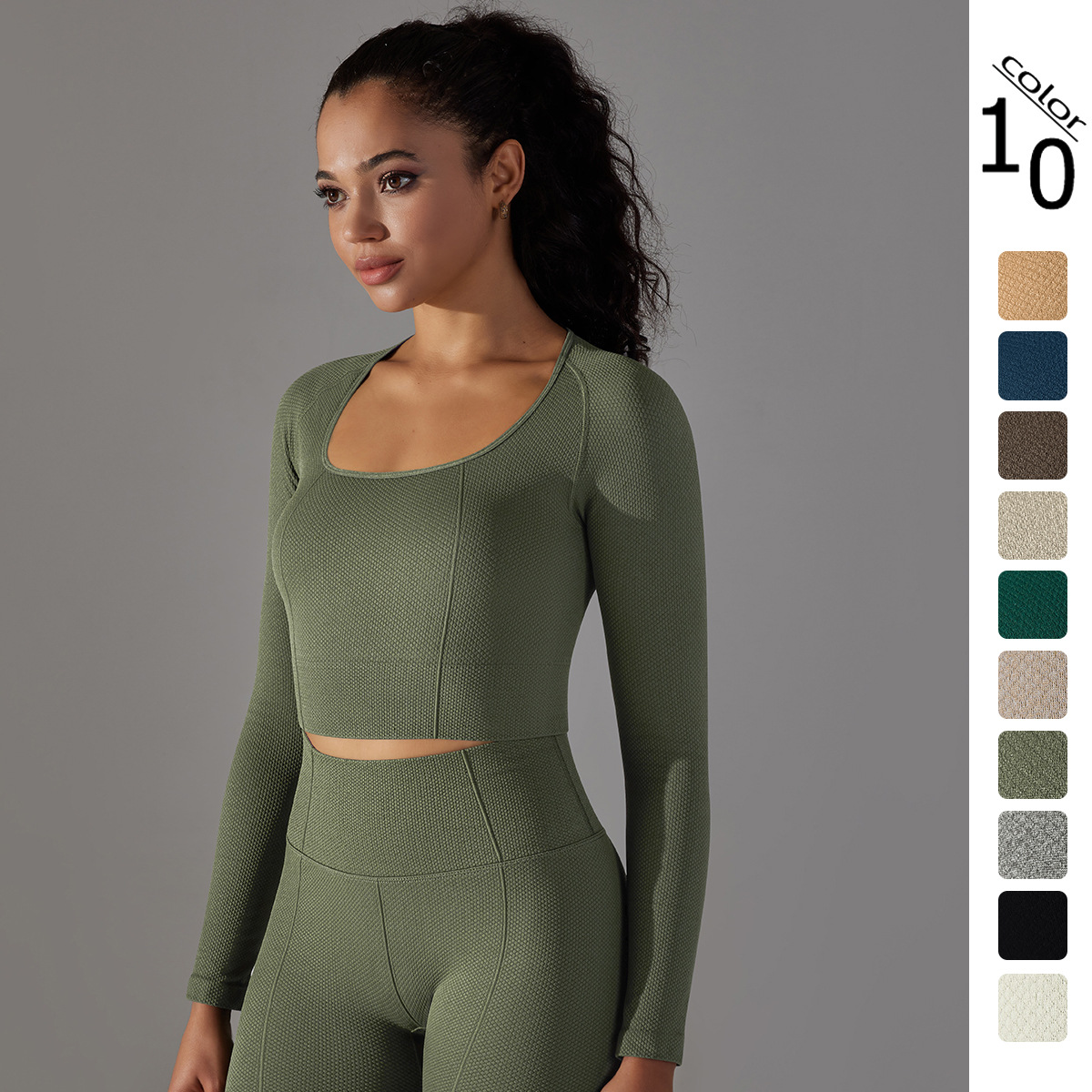 Nuevo transfronterizo sin costuras de color sólido punto de rayas camiseta alto elástico bajo cuello vientre forma ropa de yoga manga larga superior para las mujeres