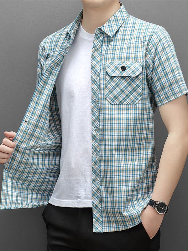 Casual Plaid Shirt Short-sleeved Men's Shirt Loose High-end Sense Men's Fashionable High-end Casual Shirt Pocket Men's Summer