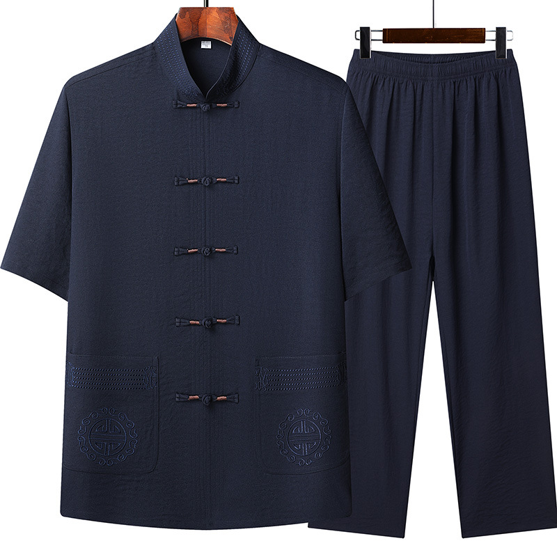 Middle-aged and elderly men's Tang suit short-sleeved summer thin ethnic style dad grandpa suit clothing for the elderly Zhongshan