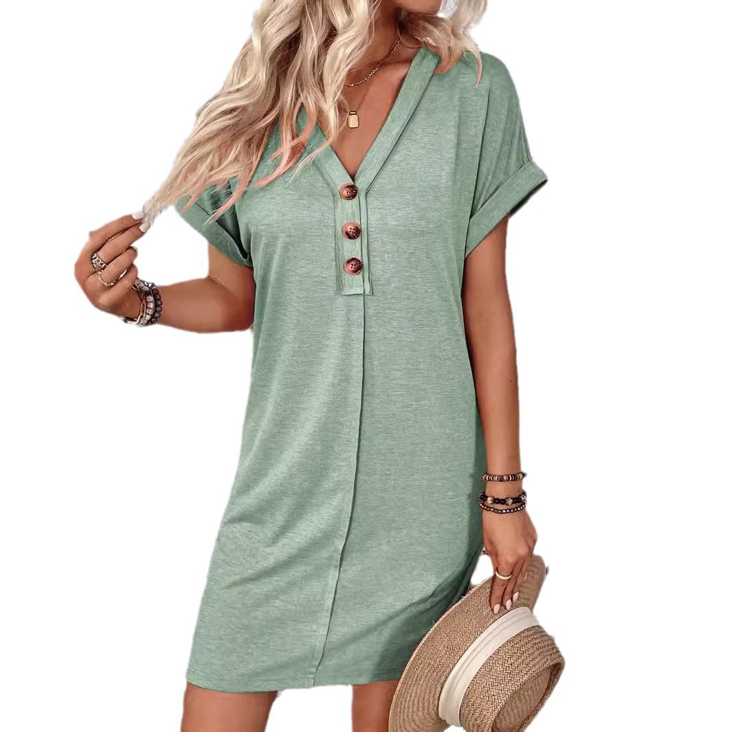 2025 Europe and America Amazon Cross-border Summer Women's Fashion All-match Buckle V-neck with Shoulder Roll Sleeve Solid Color dress