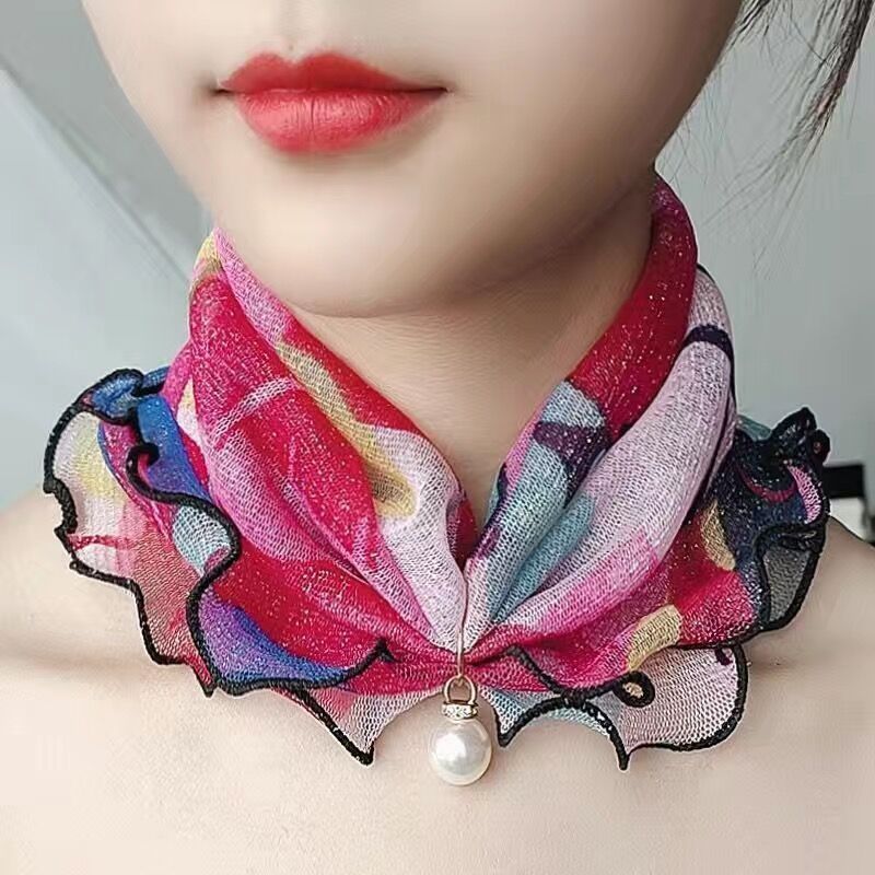 韓国版の真珠の網の糸のカバーの頭の小さいマフラーの女性の首のカバーの首のシルクのスカーフ|undefined