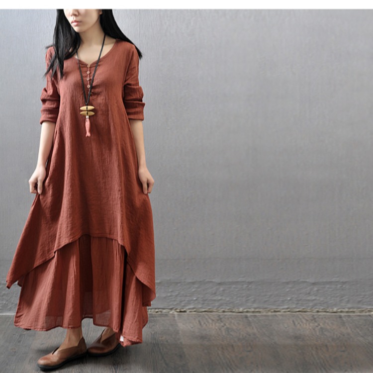 2023 New High Quality Fake Two-piece Long Dress Artistic Large Swing Linen Dress Loose Long Sleeve Cotton Linen