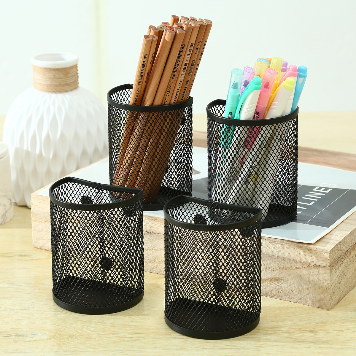 Magnetic pen holder storage box metal office supplies desktop stationery storage box with magnetic pen holder wholesale