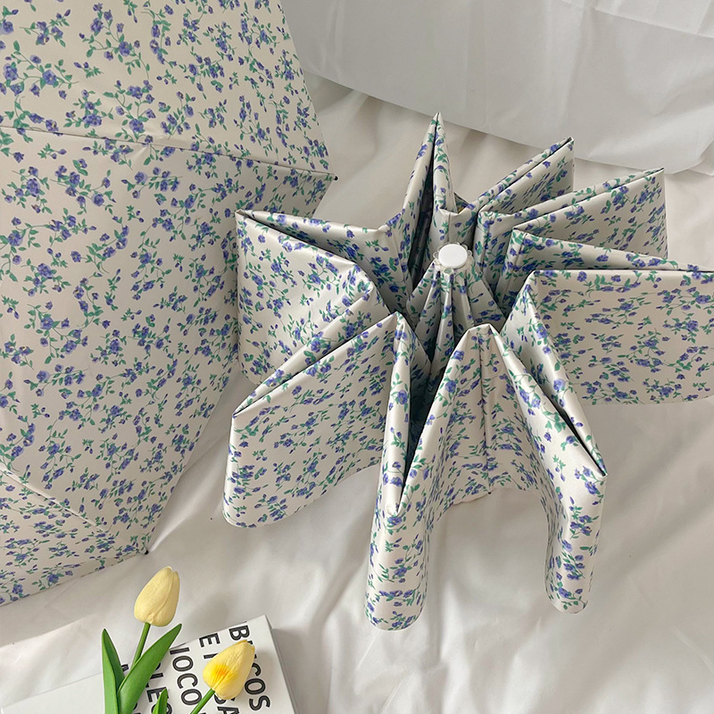 Small Blue Floral Umbrella Gentle Wind Photograph Beautiful 50% Folding Sunshade Sunscreen Sun Umbrella 30% Folding Automatic Sunlight and Rain Umbrella