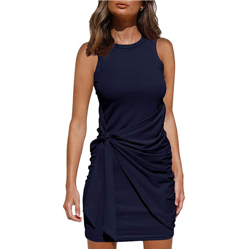 New 2021 European and American Amazon Hot Sleeveless Crewneck Pleated Bow Belt Irregular Dress