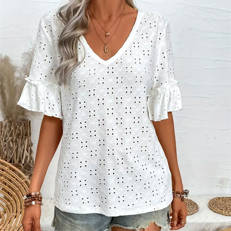 Cross-border foreign trade women's knitted embroidery hollow ruffled V-neck short sleeve jacket women's T-shirt women's spring and autumn a generation of hair