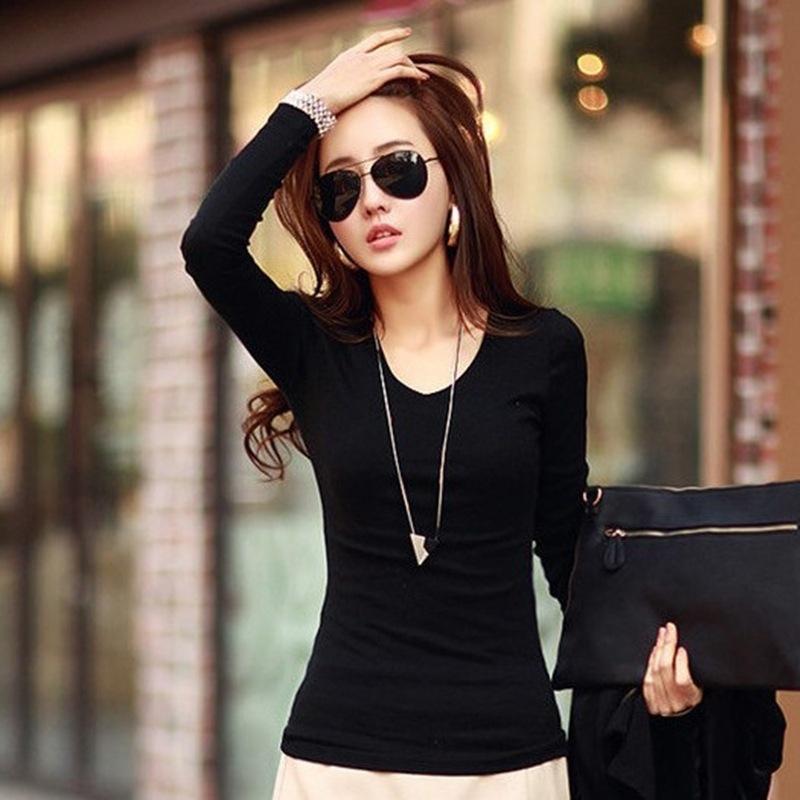 Autumn Women's Color Slim-fit Long-sleeved T-shirt Women's Top Base Shirt Round Neck V-neck Stall Supply