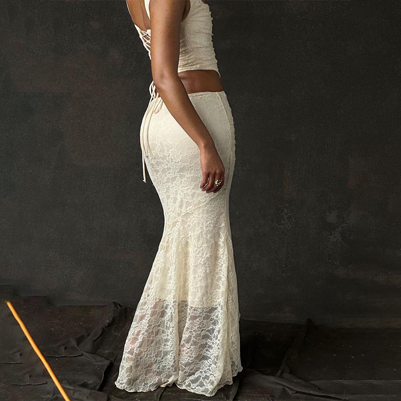 2023 Autumn New elegant tube top lace top/high waist two-way lace fishtail skirt wholesale dress