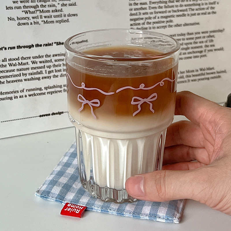 Bolimei Ins Wind Powder Bowknot Glass Girl's Heart Cold Juice Cup Milk Coffee Cup Breakfast Cup