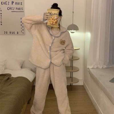 Live cross-border winter warm fleece-lined padded pajamas women's cute ins lapel cardigan home clothes a generation of hair