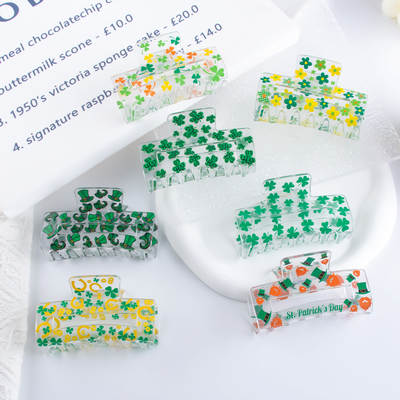 Three heart-shaped leaves 11yue new product PVC 8cm cross-border rectangular clip Clover hairpin Green series