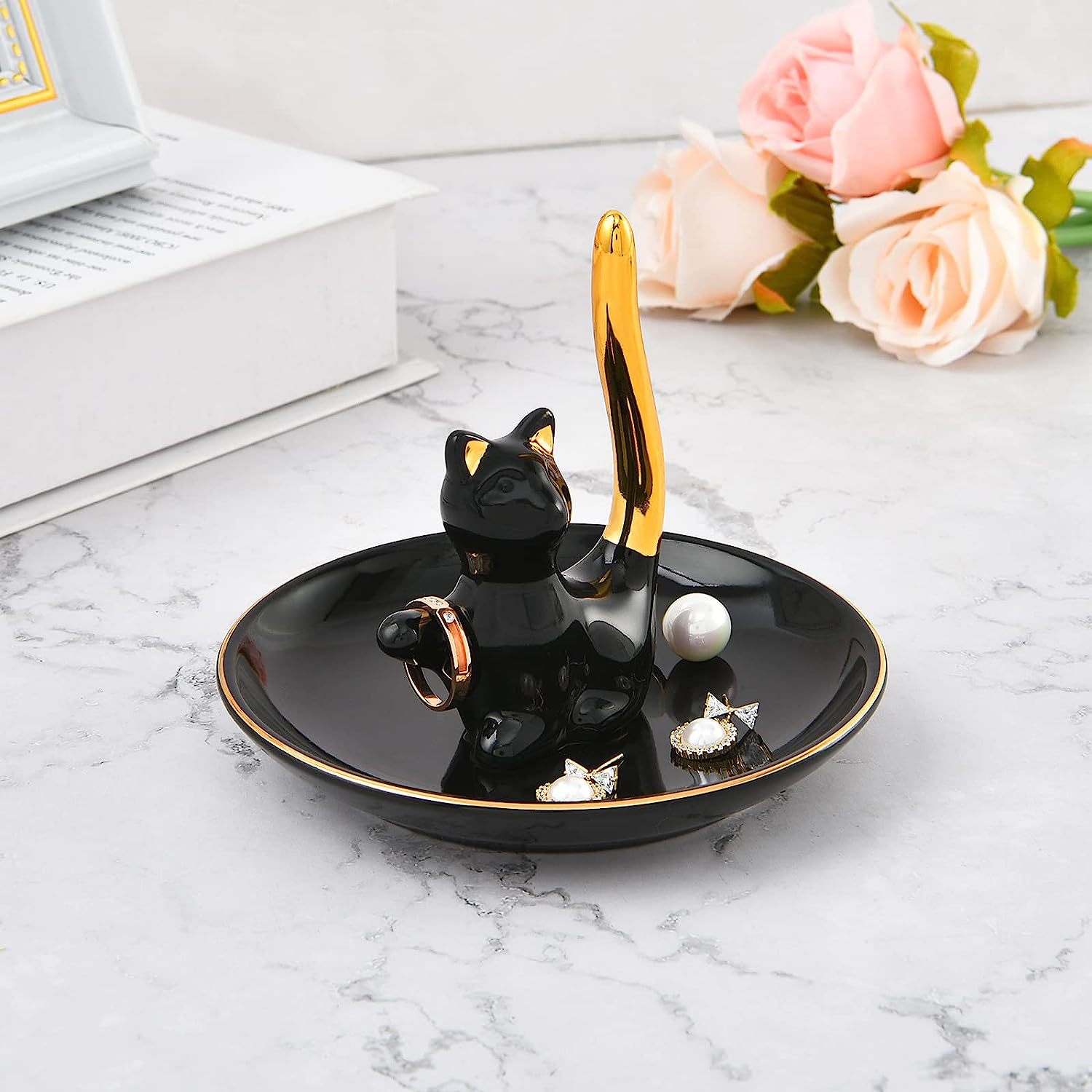 Nordic Ring jewelry rack gold ceramic jewelry box tray black kitten jewelry key storage tray