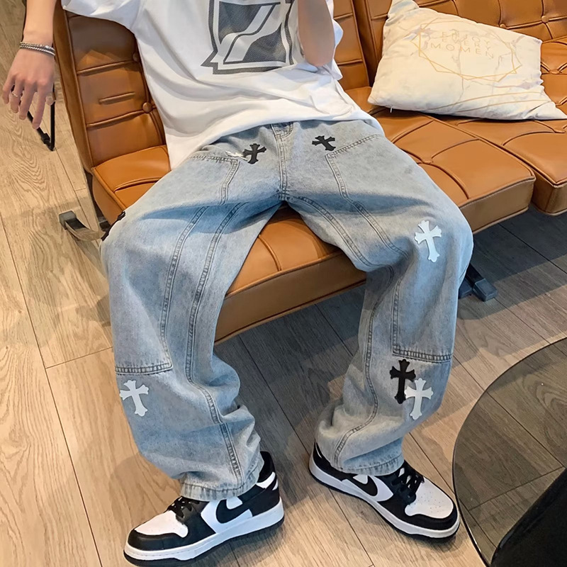 Jeans men's Hong Kong style ins Tide brand wide leg casual pants men's pendant sense straight pants men's pants spot wholesale