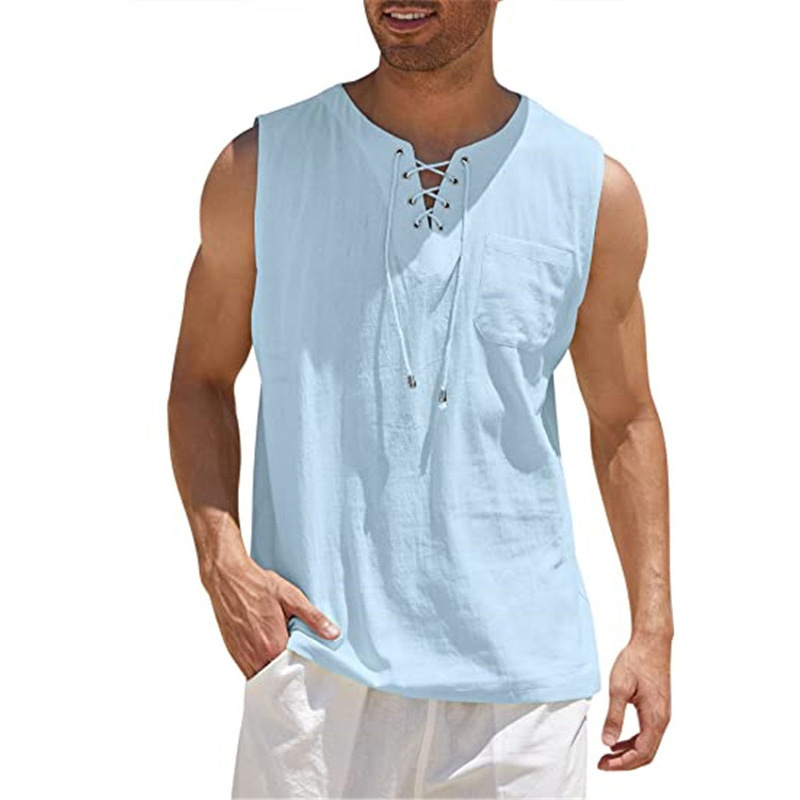 2024 Amazon New Men's Sleeveless Top Eaby Medieval Air Eye Lace-up Collar Men's Pullover Lining