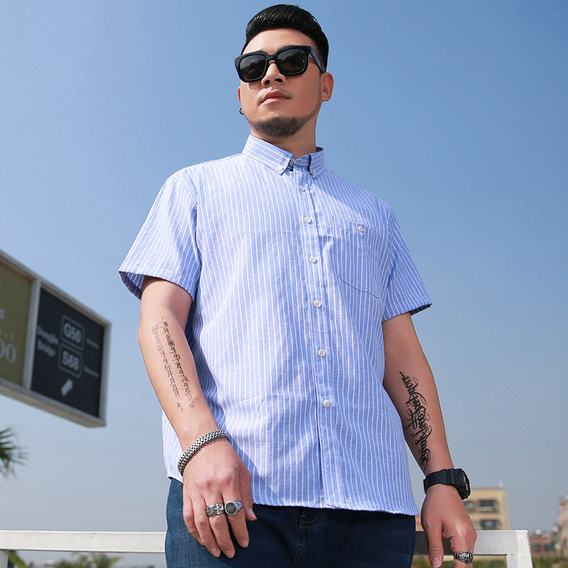 plus size Men's Summer New Short-sleeved Shirt Fat Man Business Striped Point Collar Shirt Fat Brother Amazon AliExpress