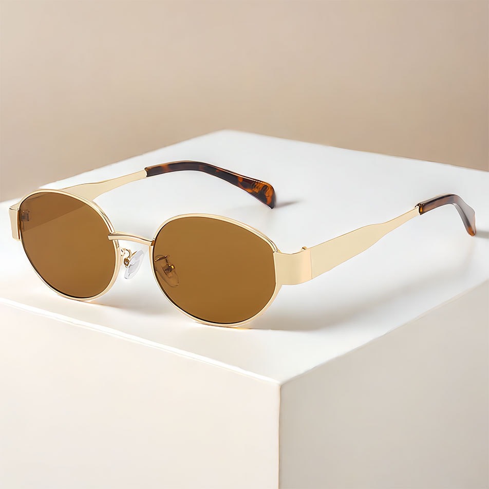 2024 cross-border new oval sunglasses retro metal street photo sunscreen sunshade glasses European and American high sense sunglasses