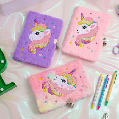 2022 new cartoon children's plush notebook unicorn A5 diary book with lock girl cute writing book