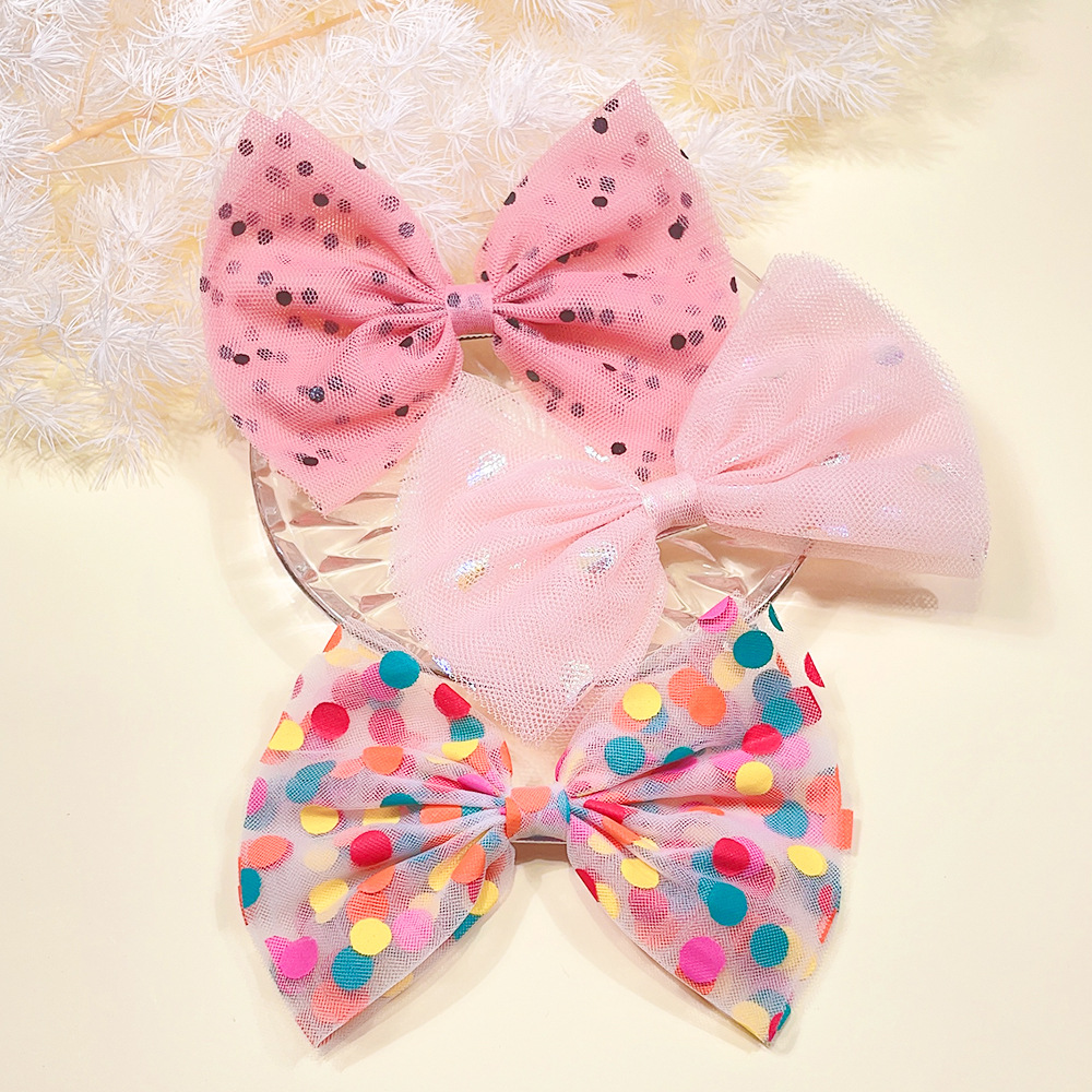 Colorful polka dot mesh children's hairpin Princess large bow hairpin snowflake star half wrapped cloth top clip