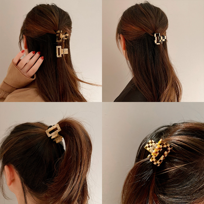 Leopard Print Checkerboard Acetic Acid Square Hair Clip Women's South Korea Japanese Style Elegant Elegant Half Head Hair Clip