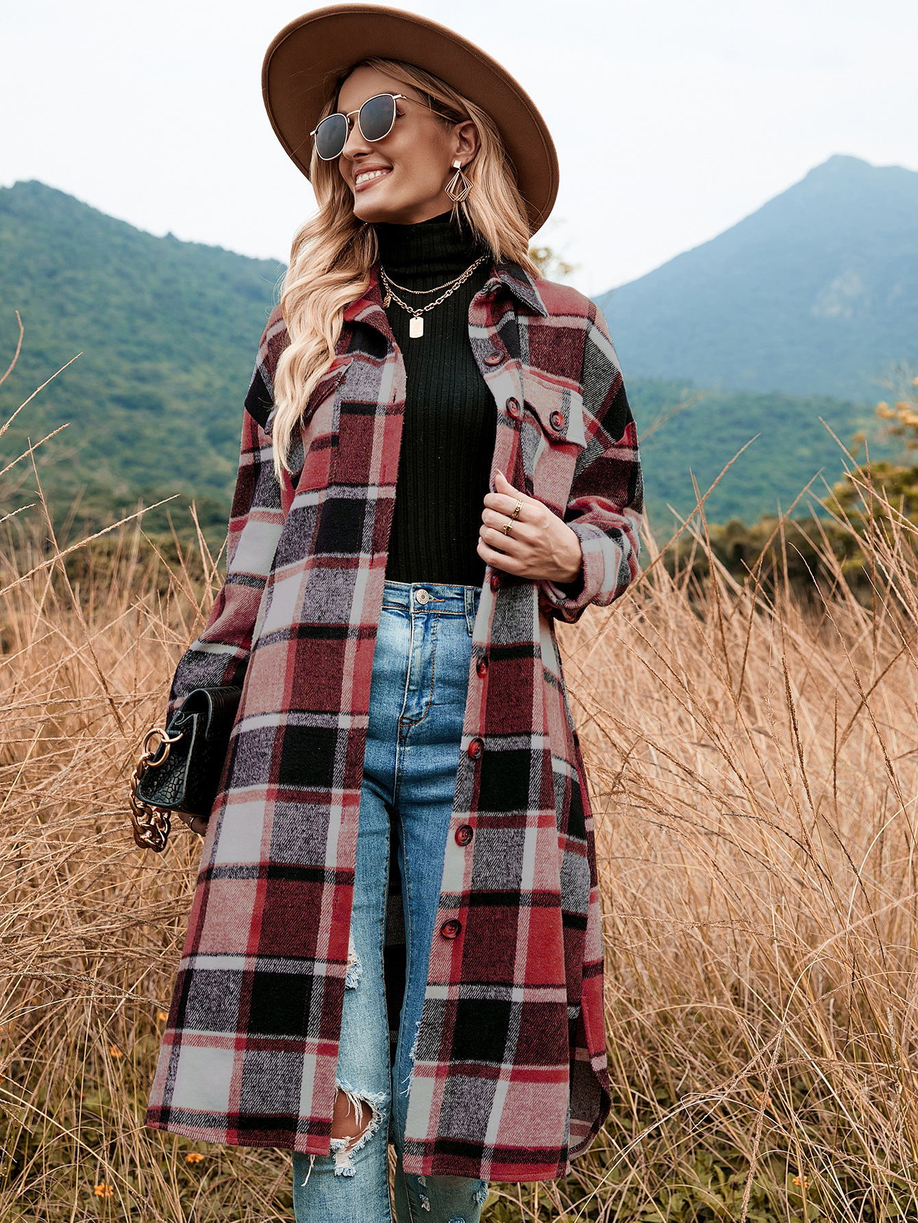 2022 autumn and winter European and American temperament windbreaker coat side slit lapel loose woolen plaid shirt coat in stock_voghion.com