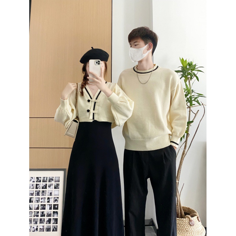 2023 autumn and winter French style Platycodon grandiflorum two-piece women's sweater dress suit men's round neck sweater couple wear
