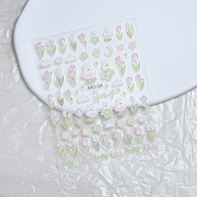 Small fresh nail art cute rabbit Tulip relief stickers spring and summer flowers French stereo stickers